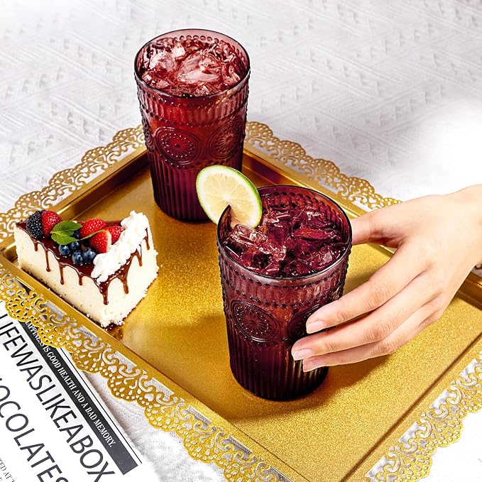Ciaell 12 Pack Burgundy Plastic Water Glasses for Parties Dinners | 14 oz Burgundy Embossed Ribbed Vintage Drinking Cups, Heavy Duty Plastic, Beer Juice Cocktails for Outdoor Bars Showers