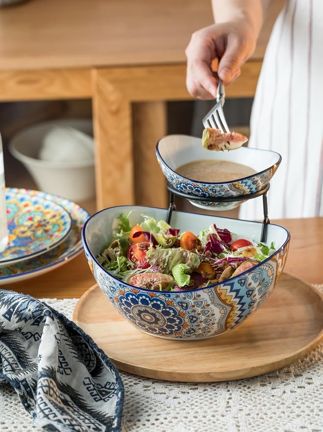YHOSSEUN Chip and Dip Serving Set, 2 Tierd Serving Bowl Set | Ceramic Chip Dip Bowls Platters with Stand, Serving Dishes for Entertaining Appetizer Serving Food Display Stand for Parties