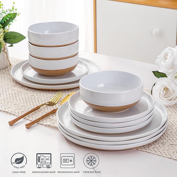 AmorArc Dinnerware Sets for 8, 24 Pieces Ceramic Plates and Bowls Set | Scratch Resistant Stoneware Dishes Set, Dishwasher & Microwave Safe,White