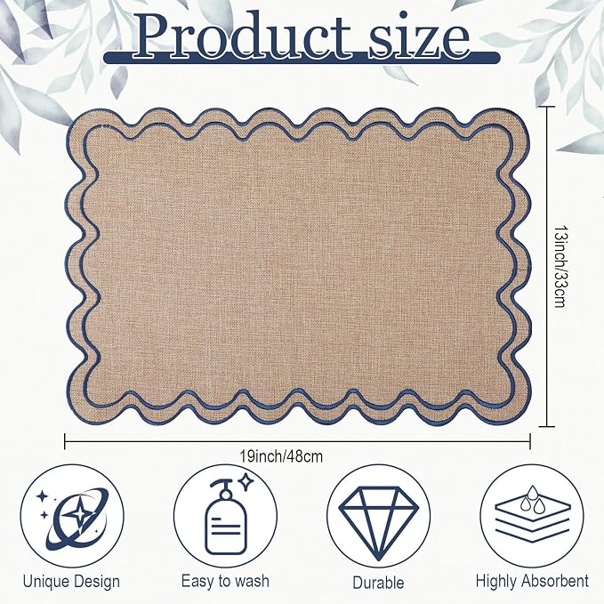 HunnmingRe Linen with Blue Set of 6 Cotton Linen Wedding Placemats, 13x19 Inch Scalloped Wavy Embroidery Placemat Double Layered Washable Rustic Rectangle Dinner Table Mat for Home Decor