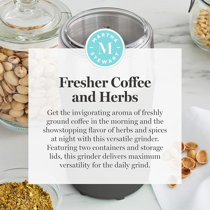 Martha Stewart Electric Coffee & Spice Grinder with Dual Bowls, Caviar Gray | Dual 2.5oz Removable Bowls for Coffee Beans, Nuts, Herbs & Spices, Stainless Steel Blade, One-Touch Pulse Control, Easy Clean