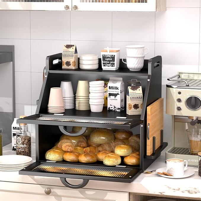 Bread Box for Kitchen Countertop, Large Bread Storage Container for Homemade Bread, Wooden Farmhouse Breadbox Organizers, Double Layer Bread Bin with Acrylic Window Bread Holder, Black