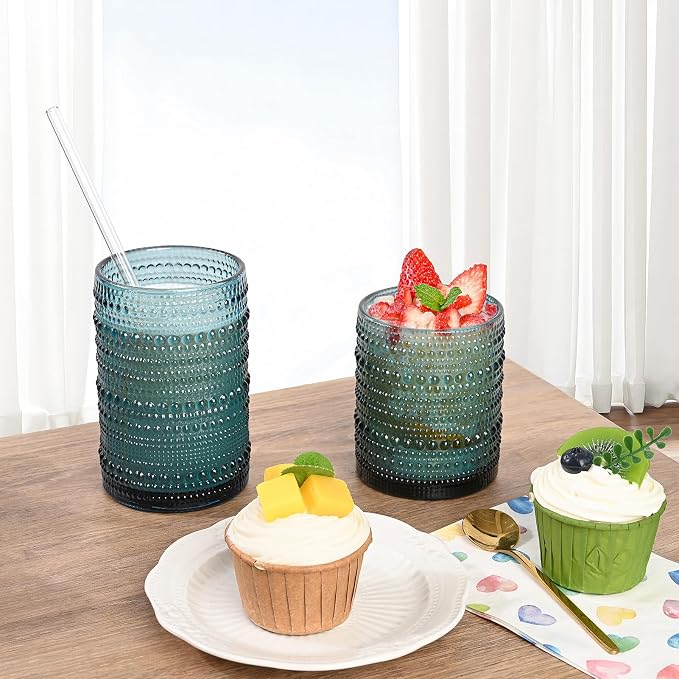 ZMOWIPDL 12oz & 15oz Hobnail Drinking Glasses,Blue Glass Cups Set of 8 | Vintage Highball Glassware，Kitchen Drinkware，Embossed Water Tumbler,for Beer,Cocktail,Whiskey,Juice,Various Mixed Drinks