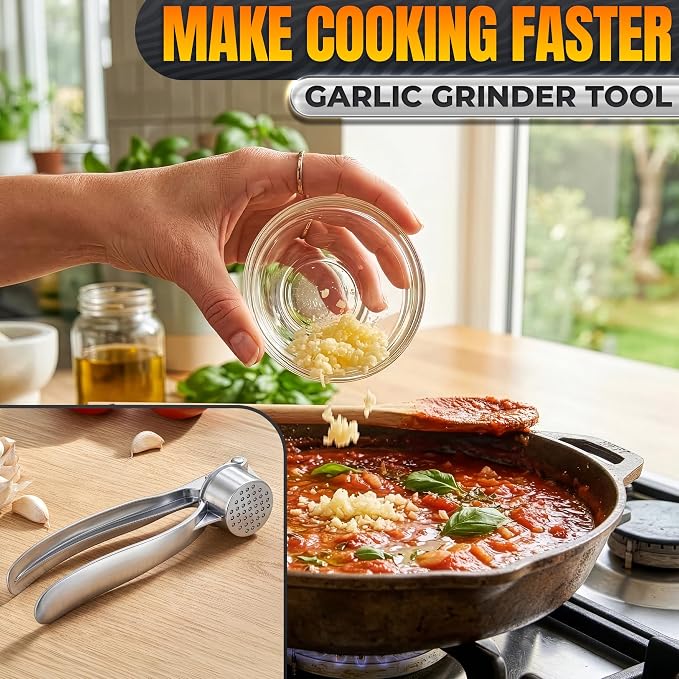 Metal Garlic Press - Ginger Mincer with 37 Built-In Studs for Maximum Extraction, Garlic Crusher for Ginger and Soft Nuts, Rust-Resistant, Ergonomic Handle, No Peel Needed, Hand Wash Only, Silver