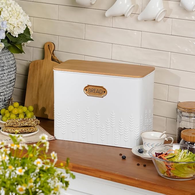 Extra Large Ear of Wheat Embossed Bread Box with Bamboo Lid | Corner Breadbox for Homemade Bread, White Metal Bread Storage Container Bin for Kitchen Countertop, Fits 2 Loaves of Bread