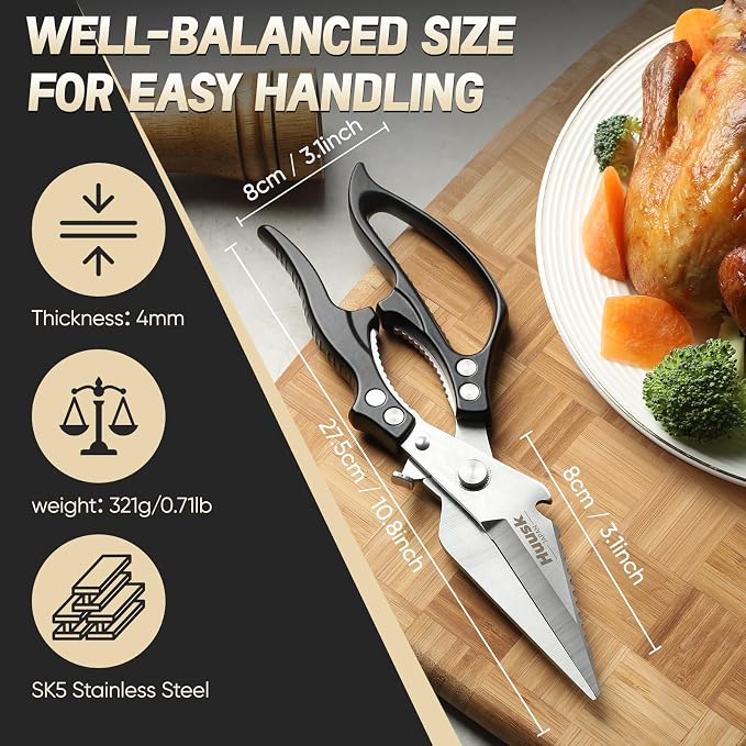 Huusk Kitchen Scissors All Purpose, Multifunction Poultry Shears Heavy Duty | Japanese SK5 Steel Kitchen Shears for Meat, Fish, Chicken Bones, Turkey, Ergonomic Non-Slip Black Handle, Gifts for Women