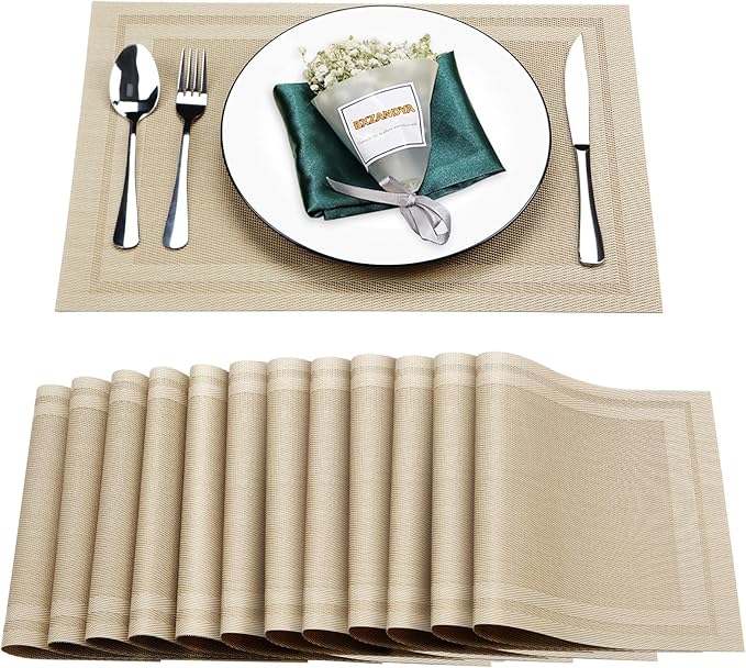 Beige Vinyl Placemats Set of 12,Washable Dining PVC Table Mats | Heat resistant, stain resistant non slip vinyl place mats, washable beige table placemats for dining table