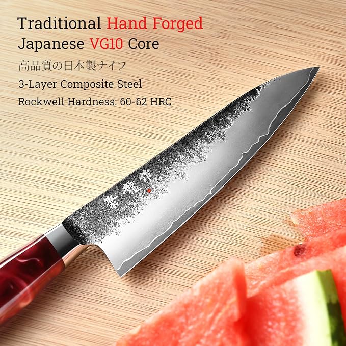 5.5'' Japanese Utility Knife, Black Forged 3-Layer VG10 Steel Core | San-Mai Kurouchi Finish, 62 HRC Hradness, Fine Detail Work, Nimble Blade Control, Resin-Wood Handle, Premium Gift Box