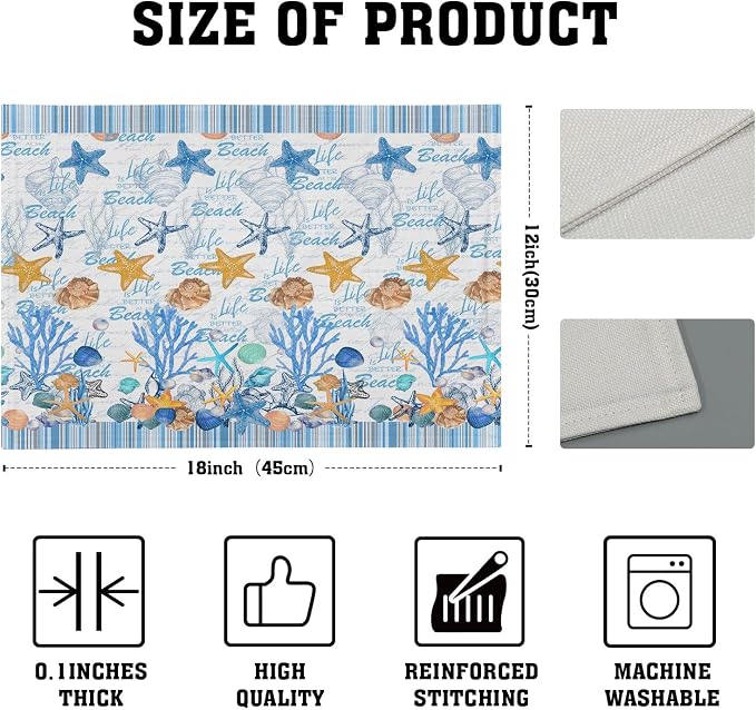 Ocean Starfish Placemats Set of 4 Beach Theme Seashell Coastal Washable Non-Slip Heat Resistant Linen Fabric Summer Thick Place Mats Decorative Table Mat 12×18 Inch for Dining Table Decor