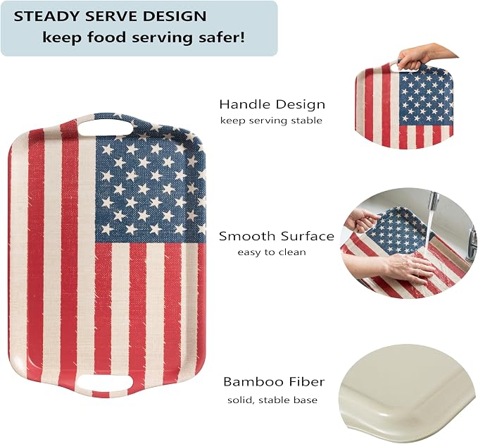 KINGEN 2-Pack Patriotic Bamboo Fiber Serving Trays - 18×13-inch Extra Large w/Handles Tray, Stars & Stripes Platters for 4th of July, Christmas, Birthday, BBQ, Party - Red, White & Blue Decor