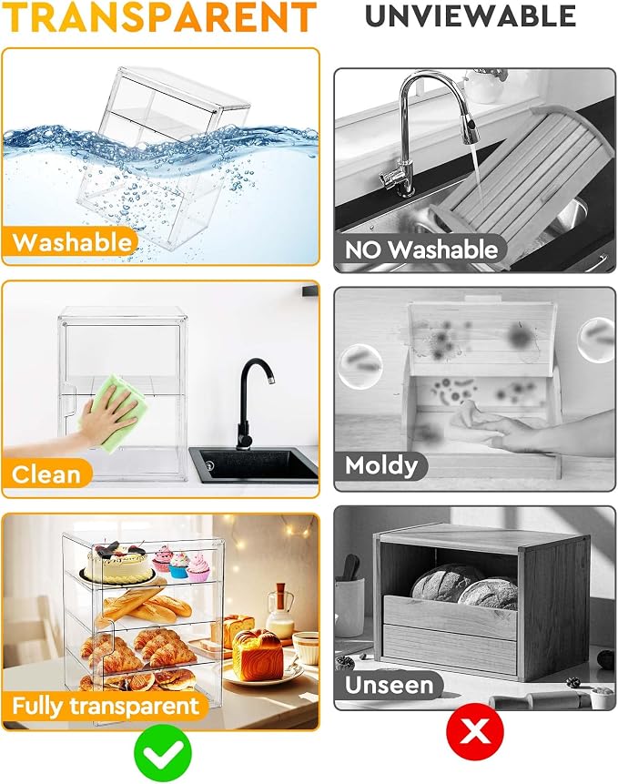 Pastry Display Case, Bread Box for Kitchen Countertop, 4-Layer Adjustable Bread Box, Large Capacity Bread Storage Container for Home-Baked Breads, Muffins, Bagel, Bread Holder - 3 Pack