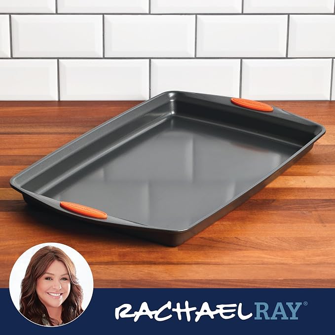 Rachael Ray Nonstick Bakeware with Grips, Nonstick Cookie Sheet / Baking Sheet - 11 Inch x 17 Inch, Gray with Orange Grips