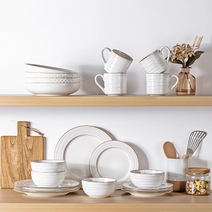 GBHOME Ceramic Dinnerware Sets of 6,18 pcs Plates and Bowls Sets Dishes | Embossed Elegant Stoneware Dishes Set | Dishwasher & Microwave Safe | Service for 4