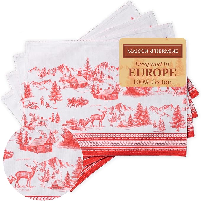Maison d' Hermine Placemats Set of 4 Reusable 100% Cotton (13"x19") | Cloth Place Mats Washable Table Mats for Kitchen Dining Party Wedding Hotel Home Thanksgiving Christmas - Winter Jouy