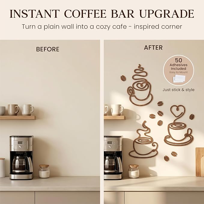 Vintage Coffee Line Art Signs, 3 Pc Wood Farmhouse Cafe Bar Decor | 3 wood pieces 7.8x5.7 in, 15 mini hearts, 10 coffee beans, 50 adhesive dots, kitchen and tabletop