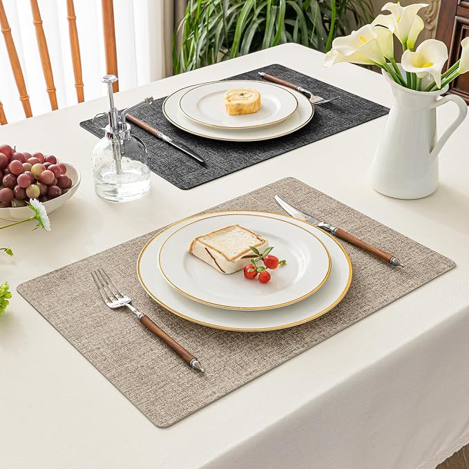 Romanstile Vinyl Placemats Set of 8, Reversible Faux Leather Heat Resistant Wipeable Table Mats, Waterproof Washable Non-Slip Table Placemats for Dining/Kitchen/Party/Outdoor (Grey Khaki, 12" x 17")