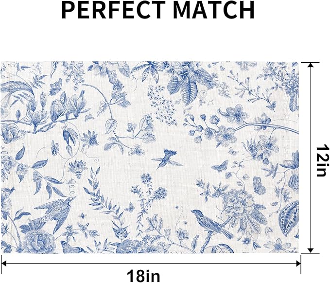 QIYI Boho Table Placemats Set of 6, 12"x18" Linen Place Mats, Blue Garden | Fabric Place Mats for Kitchen Dinning, Farmhouse Rustic Cloth Table Mats, Washable Placemat Party Table Décor