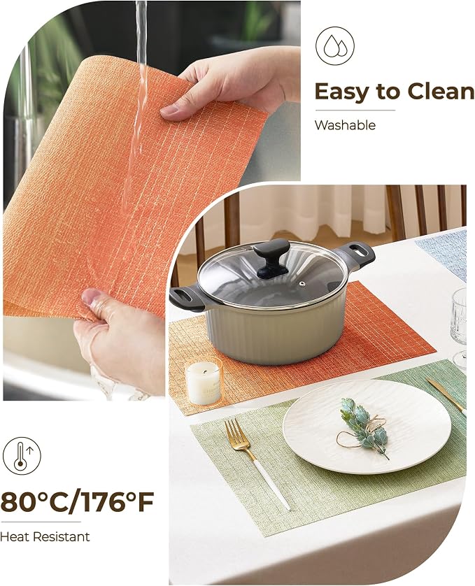 Leetaltree Gradient Burnt Orange Woven Placemats Set of 12 - Heat Resistant Non-Slip Fall Place Mats for Dining Table, Washable Durable PVC Vinyl Woven Table Mats(Gradient Orange-red, 12)