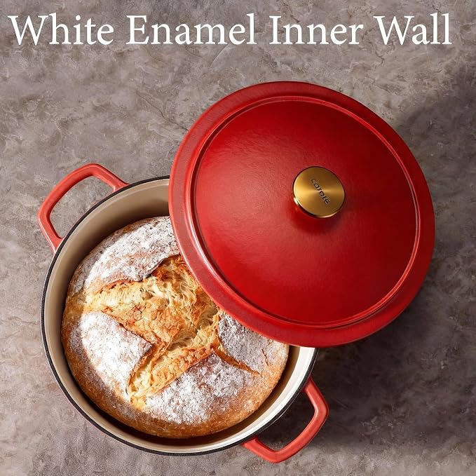 CAROTE 5QT Enameled Cast Iron Dutch Oven Pot with Lid | Sourdough Bread Baking, Braising, Stews, Roasting, Dual Handles, Oven Safe up to 500° F, Red