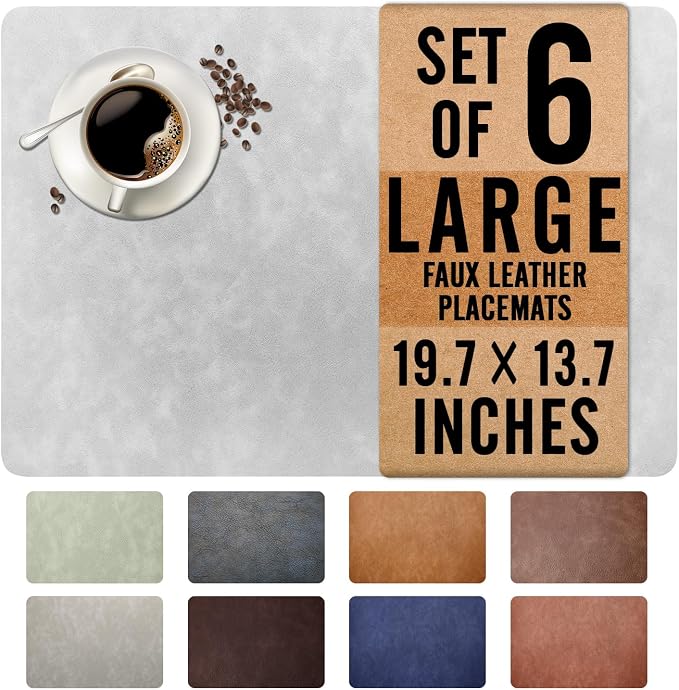 UnivoColors Washed Cowhide Pattern Faux Leather Big Size Placemats Set of 6, Waterproof Easy to Clean Anti-Slip PU Table Mats for Party Decoration19.7″×13.6″,Light Grey Retro Cowhide Pattern,N