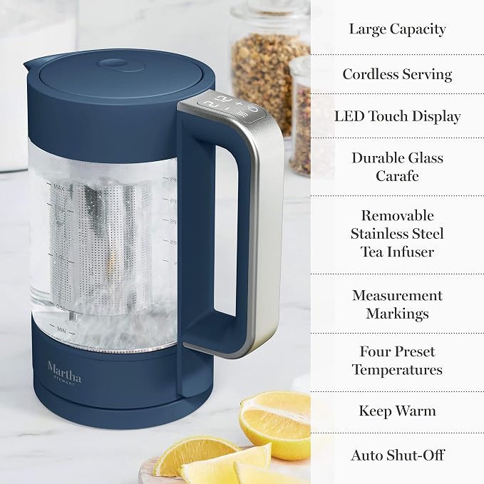 Martha Stewart 1.7L Glass Carafe Electric Kettle with Removable Tea Infuser | 7 Cups, 4 Presets, Rapid Boiling, Stainless Steel Tea Leaf Infuser, Cordless Swivel Base, Keep Warm, Auto Shut-Off, Indigo