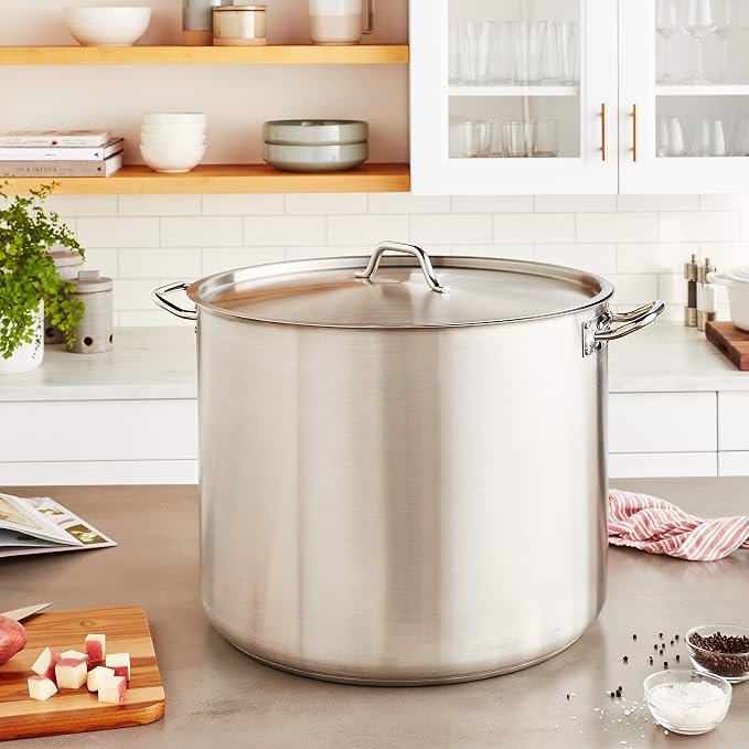 Winco Silver 80 qt Stainless Steel Stock Pot with Cover | Dishwasher safe, Heavy-duty, Tri-ply heating, Riveted handles, Great for Stocks, Soups, Pasta and Batch Cooking