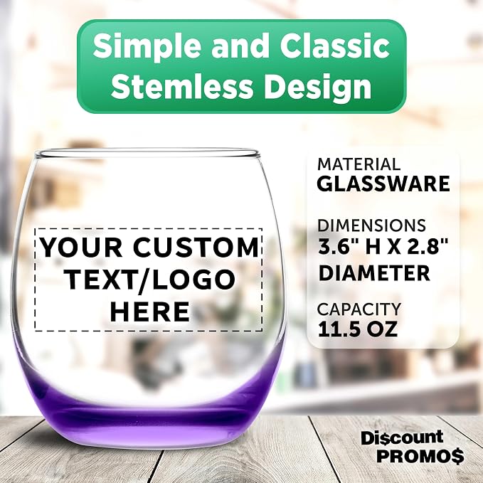 Custom Mikonos Stemless Wine Glasses 11.5 oz. Set of 10/50/100, Personalized Bulk Pack - Restaurant Glassware, Perfect for Red Wine, White Wine, Cocktails - Purple