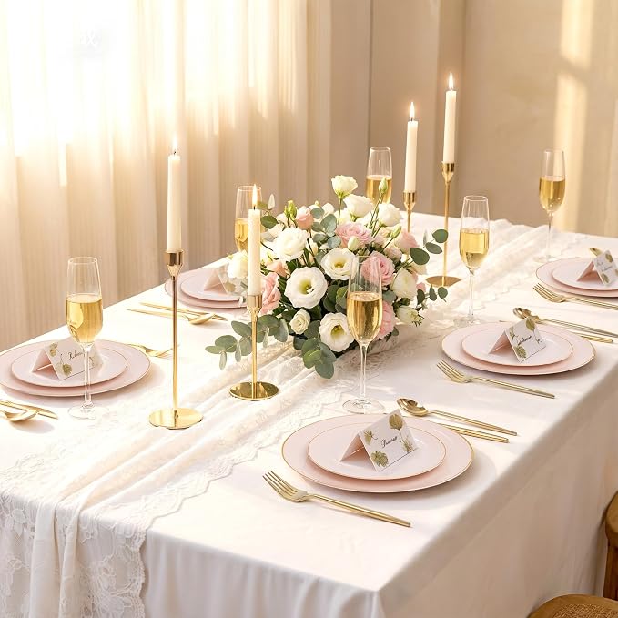 IOOOOO 150 PCS Pink Plastic Plates,Heavy Duty Pink Disposable Plates | Pink Plates Set Include 30 Pink Dinner Plates&30 Pink Dessert Plates,30 Gold Plastic Silverware Set for Wedding,Party