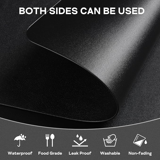 Faux Leather Placemats Set of 6 Waterproof Table Mats with Coaster | 17×12 In Heat Resistant Place Mats Set of 6 Wipebale & Washable Table Placemats for Kitchen Dining Indoor & Outdoor Black