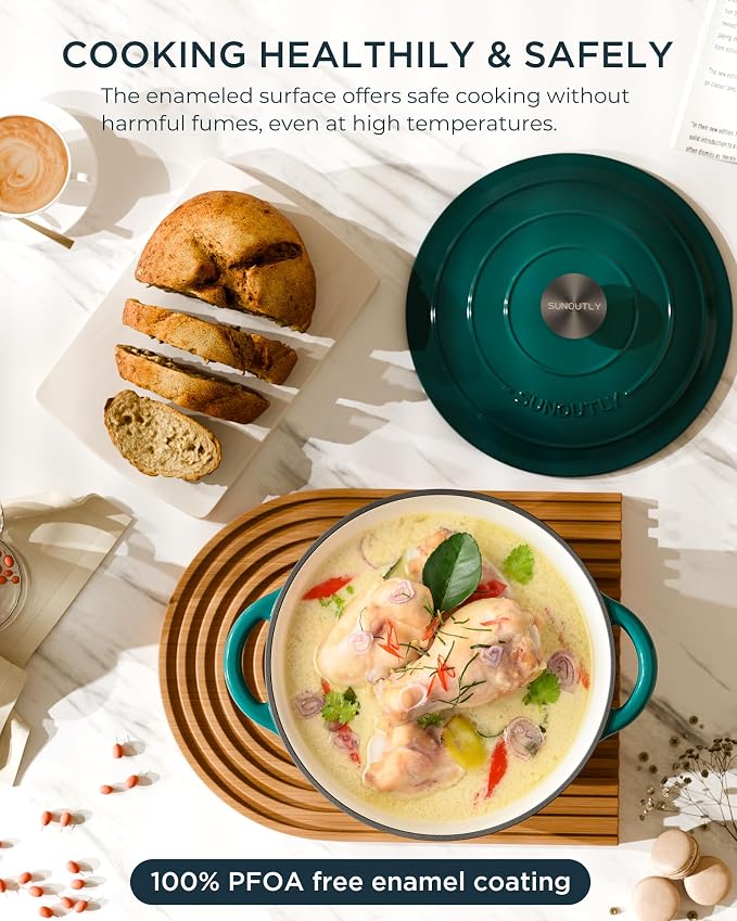 Enameled Cast Iron Dutch Oven - 7.5QT Pot with Lid & Cotton Potholders - Heavy-Duty Cookware for Braising, Stews, Roasting, Bread Baking, Oven Safe up to 500°F & Across All Stovetops, Bottle Green