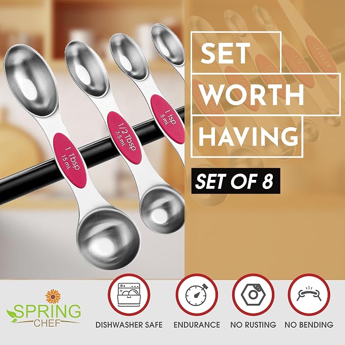 Spring Chef Dual Sided Magnetic Measuring Spoons Set of 8 for Kitchen, Pink | Stainless Steel Teaspoon & Tablespoon Measuring Spoons with Leveler for Dry & Liquid Ingredients, Nesting, Dishwasher Safe