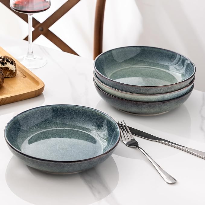 AmorArc 8.5’’ Ceramic Pasta Bowls Set of 4, 36oz Large Stoneware Bowls Set | Large Dinner Serving Bowls Set, Wide Bowl Plate for Pasta,Salad, Soup, Microwave Safe, Reactive Glaze-Ceylon Blue