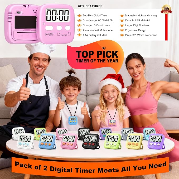 2 Pack Digital Timer for Kids Classroom Kitchen Timers for Cooking | w/ Battery, Easy to View, Alarm, Mute Mode, Count Down/Up, Magnetic, Kickstand, Hanging, Classroom Timer for Teacher Supplies