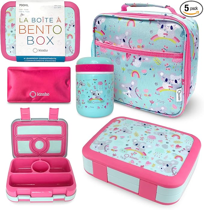 kinsho kids Bento Lunch Box Set with Thermo, Bag & Ice Cold Pack, Koala | 4 Compartments, Removable Tray, Small Meal or Snack Container for Girls Toddlers, Daycare & Pre-School, Steel Food Jar