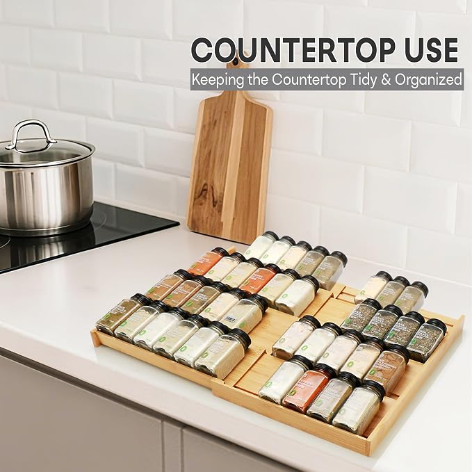 Bamboo Spice Drawer Organizer, 4-Tier Spice Rack for Cabinet | 12"-23" Expandable,No Assembly,Seasoning Storage Insert,(Need 3.1” Deep Drawer) Spice Organizer for Drawer,Jars Not Included