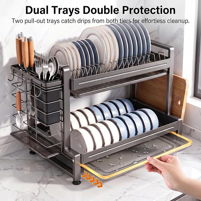 Dish Drying Rack for Kitchen Counter, Sink Storage Essentials, Home and Apartment Decor, Gray, 2-Tier Carbon Steel, Including Knife Holder, Utensil Holder, Cutting Board Stand