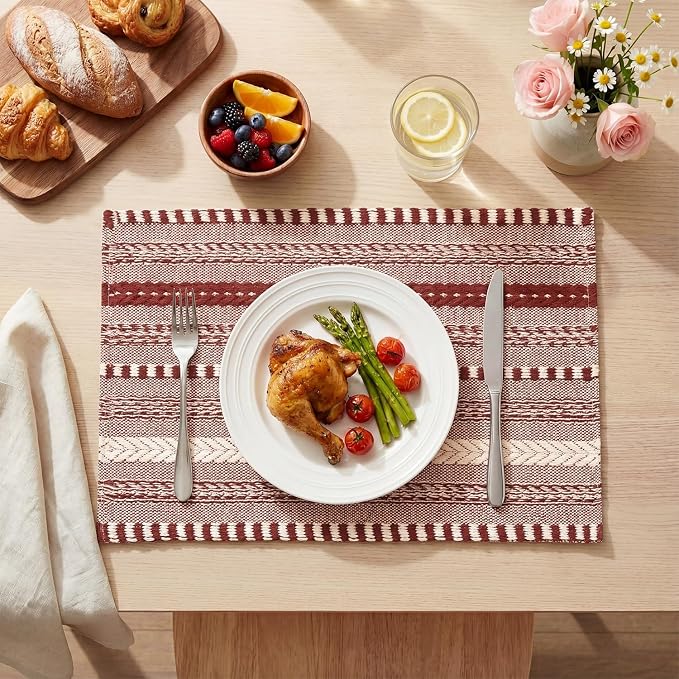 Artoid Mode Red Farmhouse Woven Braided Stripe Placemats Set of 6,12x18 Inch Seasonal Holiday Table Mats Party Kitchen Dining Decoration