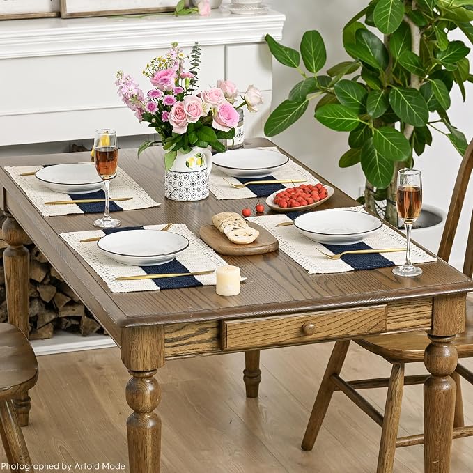 Artoid Mode Dark Blue Farmhouse Rustic Placemats Set of 4,12x18 Inch Seasonal Holiday Hollow Table Mats Party Kitchen Dining Decoration