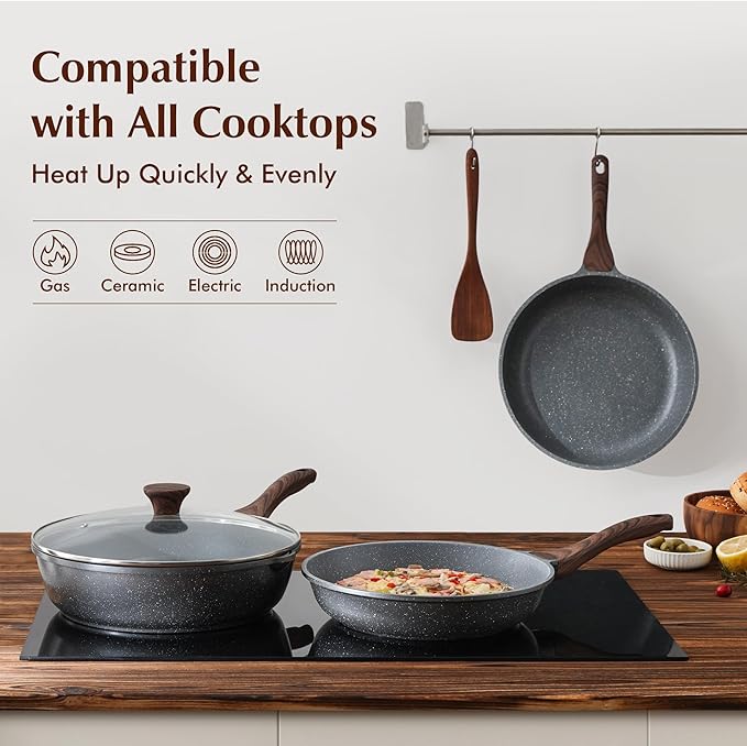SENSARTE Nonstick Frying Pans, Grey(9.5+11+12.5 Inch) | Swiss Granite Coating, Free of PFOA&PFOS, Compatible with All Stoves Including Induction Cooktops, Easy to Clean