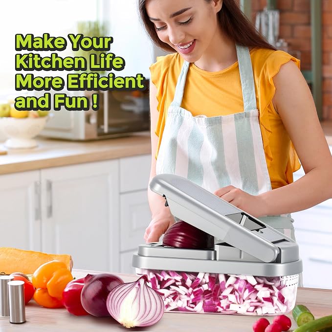 Yusshn Vegetable Chopper, 12-in-1 Food Veggie Chopper Cutter with Container | 7 Sharp Blades Dice, Slice, Shred and Grate for Salads, Onions and Meal Prep, with a Non-Slip Base and Drain Basket