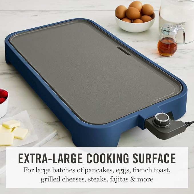 Martha Stewart 12"x 22" XL Electric Griddle, Ceramic Nonstick Flat Top | PFAS-Free Nonstick Grill, XL Cooking Surface for Pancakes & Eggs, Adjustable Temp Dial, Drip Tray, 1500W Heating, Indigo Blue