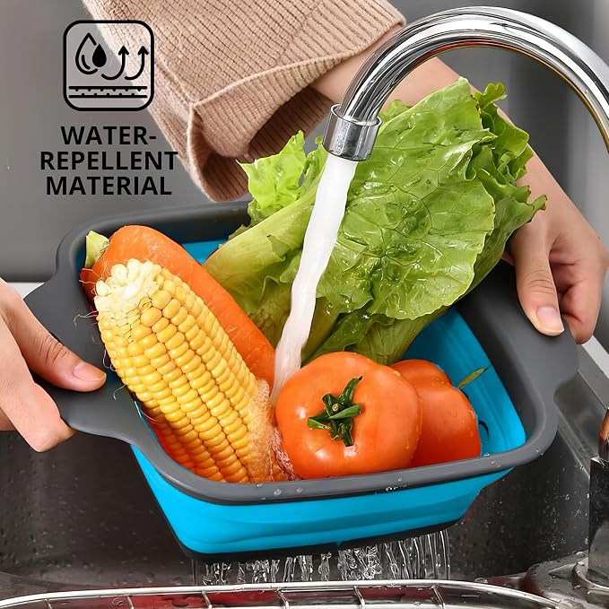 Square Collapsible Colander with Handles – Blue Square Silicone Kitchen Strainers with Plastic Handles Foldable Kitchen Strainer Perfect for Draining Pasta Vegetable and Fruit Blue