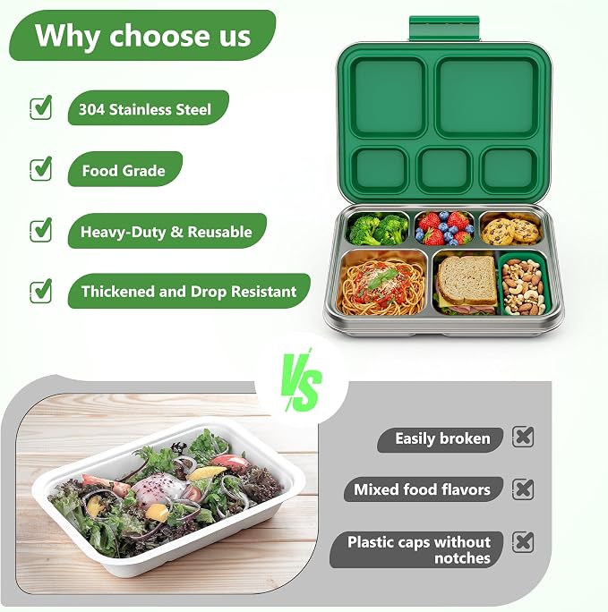 Pawtong Stainless Steel Lunch Box, 5-Compartment Bento Lunch Box for Kids & Adults,Metal Lunch Box with Removable Silicone Container, Lunch Box Containers for School,Office(Green)