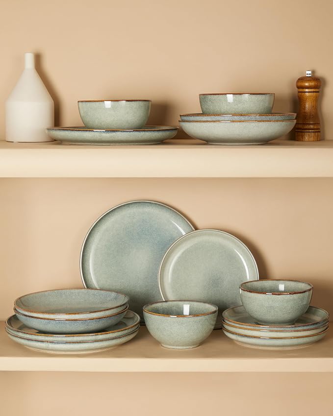 24 Piece Dinnerware Sets for 8, Modern Stoneware Plates and Bowls Setst, Perfect for Family Gatherings & Holiday Celebrations, Easy Cleaning Dishes Set, Stack Compactly Dishware, Green Wheat