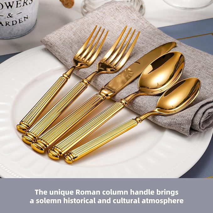 60-Piece Extra Thick Flatware Set, Heavy Duty Gold Silverware Set for 12, 18/10 Stainless Steel Flatware, Perfect for Weddings, Gift, Everyday Use