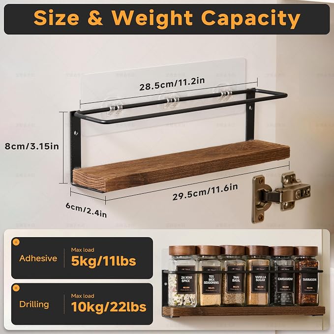 4-Tier Wall Mount Spice Rack Organizer with 24 Glass Jars, 216 Labels & Funnel - Screw/Adhesive Mount, Black Metal & Wood Spice Storage for Kitchen Pantry Cabinet, 11.6”L x 2.4”W x 3.2”H
