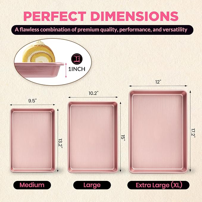 Saker 3-Piece Heavy Duty Carbon Steel Baking Sheets Set,Non-Stick Cookie | | Oven Safe, Even Heating, for Baking, Roasting, Cooking – Professional Grade (Pink)
