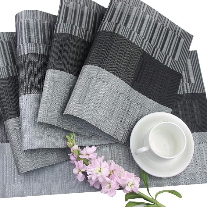PIGCHCY Placemats Set of 8 Washable Durable Placemat Vinyl Heat Resistant Non-Slip Table Mats Indoor Outdoor (Black)