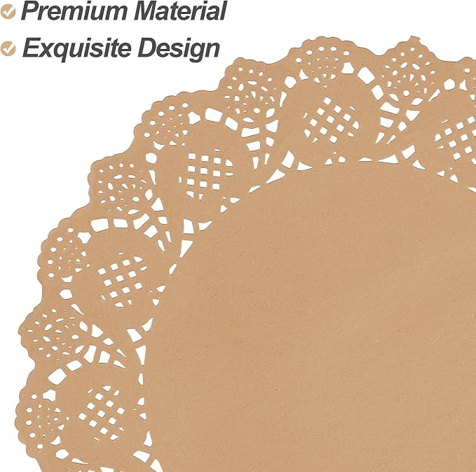 MCEAST 100 Pack Round Brown Kraft Paper Doilies 13.5 Inches Lace Paper Place Mats Rustic Scallop Doily Disposable Table Pads for Food Cakes Crafts Party Weddings Tableware Decor