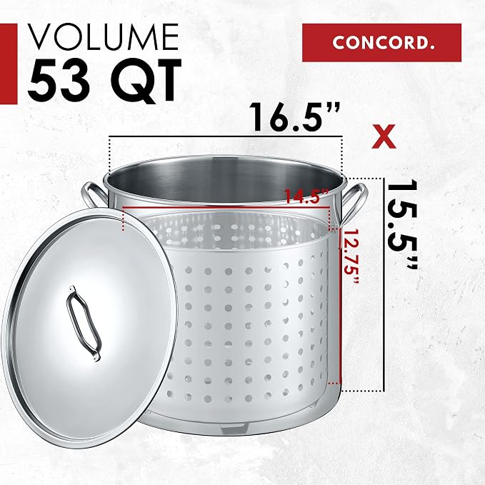CONCORD 53 QT Stainless Steel Stock Pot w/Basket. Heavy Kettle. Cookware for Boiling
